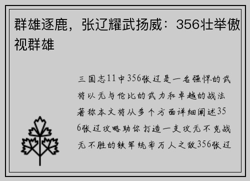 群雄逐鹿，张辽耀武扬威：356壮举傲视群雄