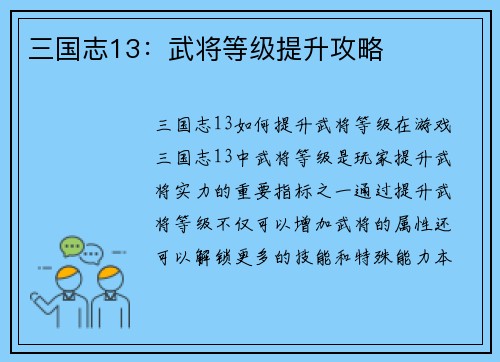 三国志13：武将等级提升攻略